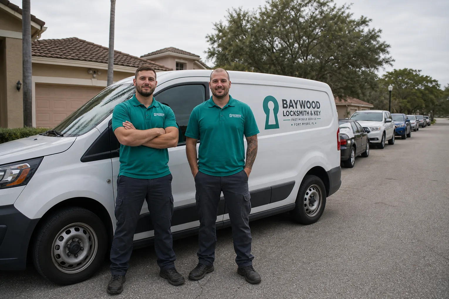 Locksmith technicians beside the service vehicle, FL